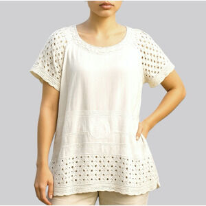 White Eyelet Top Womens XL Cotton Summer Beach Boho Cottagecore Clean Girl VTG